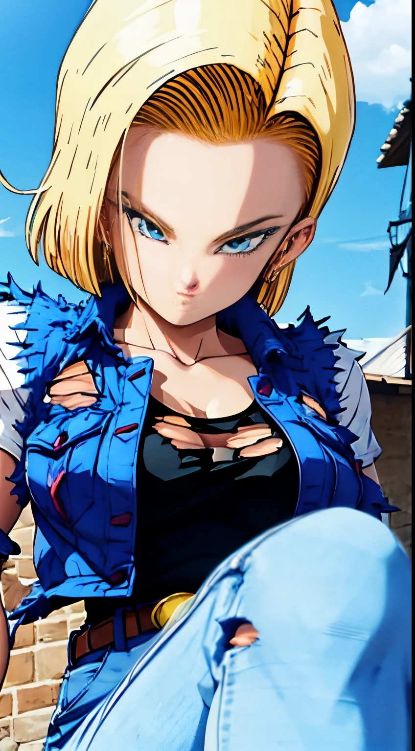 best quality, highres, and18, 1girl, android 18, solo, blonde hair, blue eyes, belt, jeans, pearl_necklace, bracelet, black gloves, white shirt, short hair, short sleeves, earrings, blue pants, open vest, black vest, large breasts, (ruins:1.3), (torn clothes:1.5), sitting, expressionless, crossed legs, cleavage