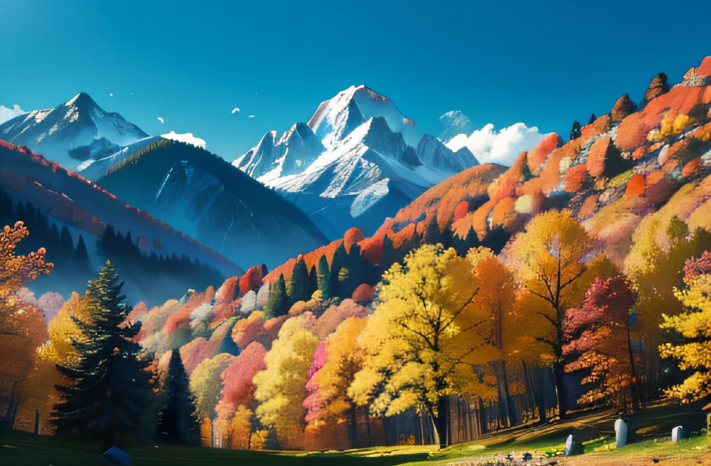 Colored leaves,Mountain slopes,blue-sky,Pictorial style