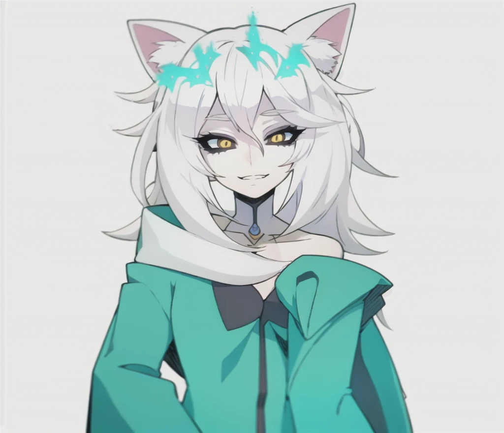 Cartoon drawing of a woman with white hair and a green sweater, [[[[sonriendo malvado]]]], Hembra Fursona, Chica de anime con cabello verde azulado, Anime Catgirl, Fursona!!!!, zorro blanco de pelo, Holo es una chica lobo, Fursona con ropa elegante, Chica anime con orejas de gato, en un estilo anime, unknown artstyle