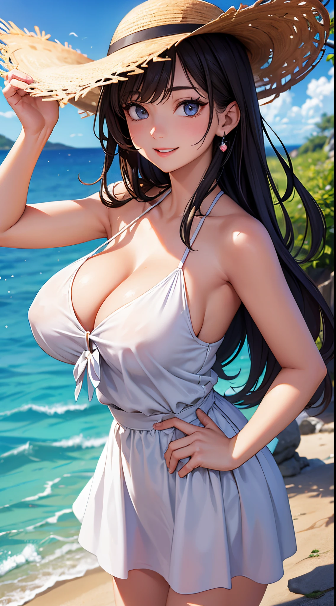 (masterpiece,derailed,8k HDR,hires,best quality:1.4),beautiful sea,on beach,cinematic lighting,face lighting,1girl,good anatomy,better hands,cowboy shot,detailed skin,beautiful skin,wet and grossy skin,detailed face,very pretty,pretty face,detailed eyes,sparkring eyes,droopy eyes,double eyelids,(eye bags:1.3),detailed nose,(happy:1.3),(half-open eyes),white sleeveless resort dress,straw hat,large breast,cleavage,arm up,hand on hip,(((Put a crab between your cleavage))),