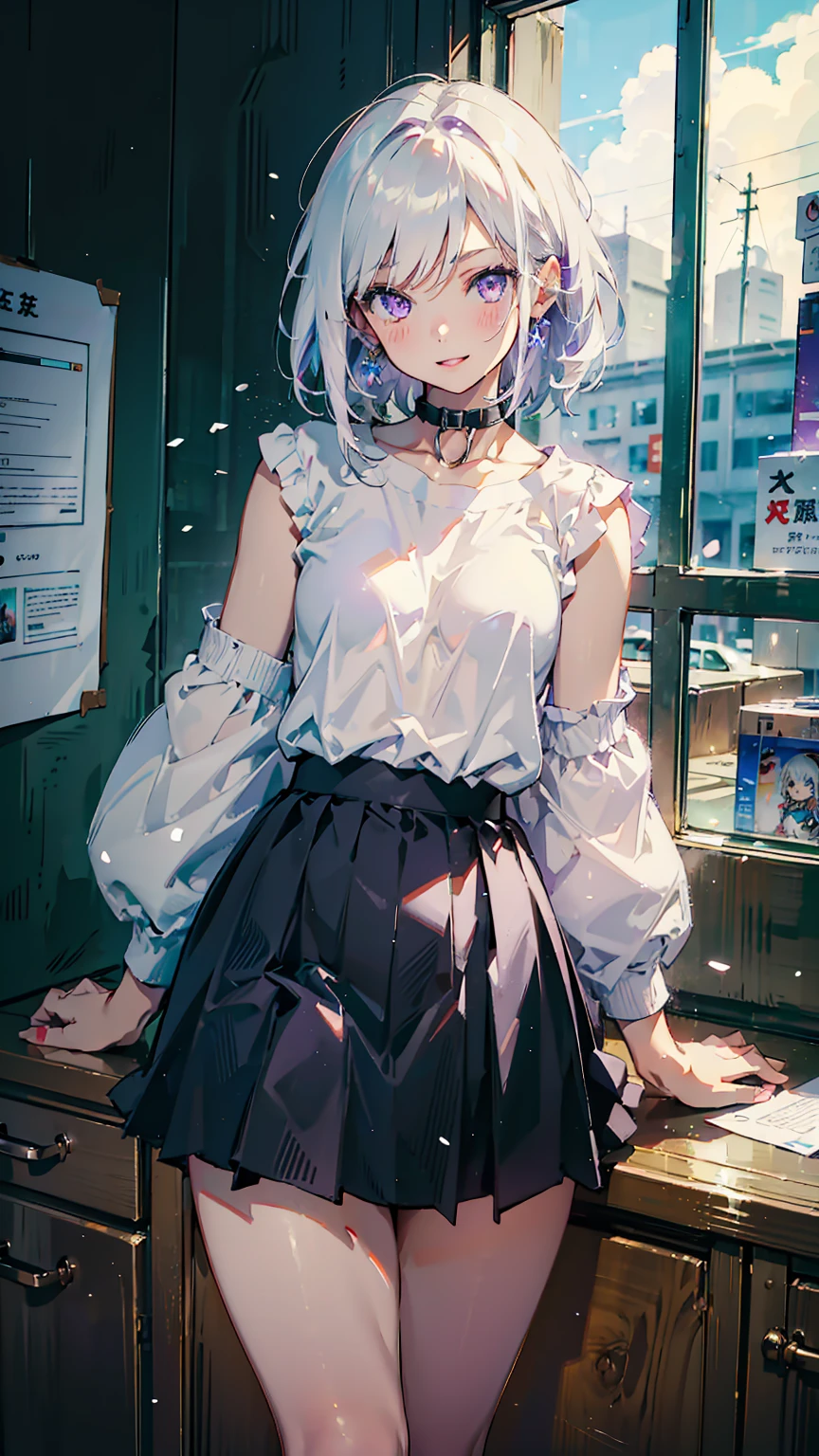 ((((masterpiece, best quality, high resolution)))), (1girl:1.5), ((short silky hair, white hair, purple eyes)), (medium breasts:1.2), blush, (smile, parted lips), glow, thighs, bare shoulders, collarbone, narrow waist, (slender body figure), (beautiful detailed face, beautiful detailed eyes), ((white shirt, black skirt)), looking at viewer, office