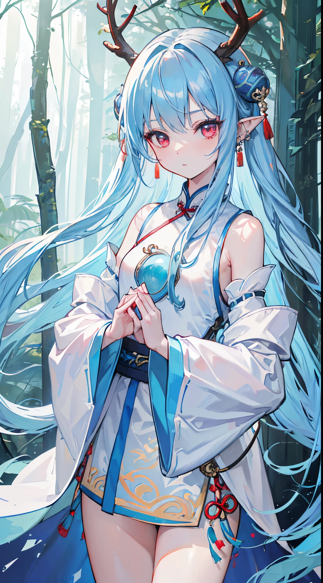 (8K、Top image quality、top-quality、masterpiece)、A detailed face、1 girl in、lightblue hair、Long、red eyes、Pointed ears、piercings、tusk、deer antlers、Smaller chest、((light blue chinese clothes))、side slits、((long-sleeve))、((Hands hidden in the sleeves))、cowboy shot、((forested background))