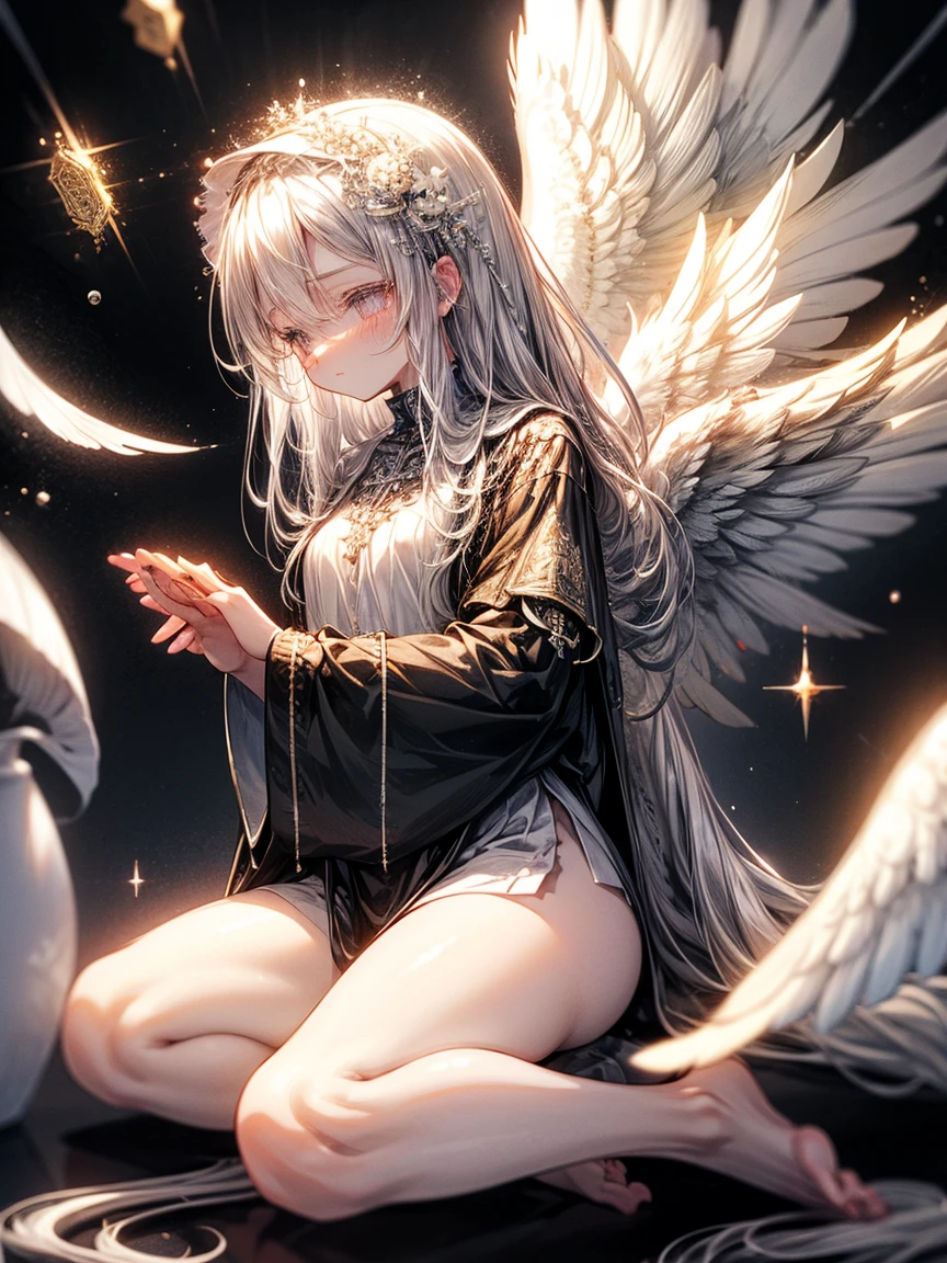 fully body photo，The barefoot，tightsuo girl, kawaii, silber hair, the angel's wings, Angelic, angel ring, lock, Blindfold your eyes with a black cloth, White flowers, The white, pure white, silvery white