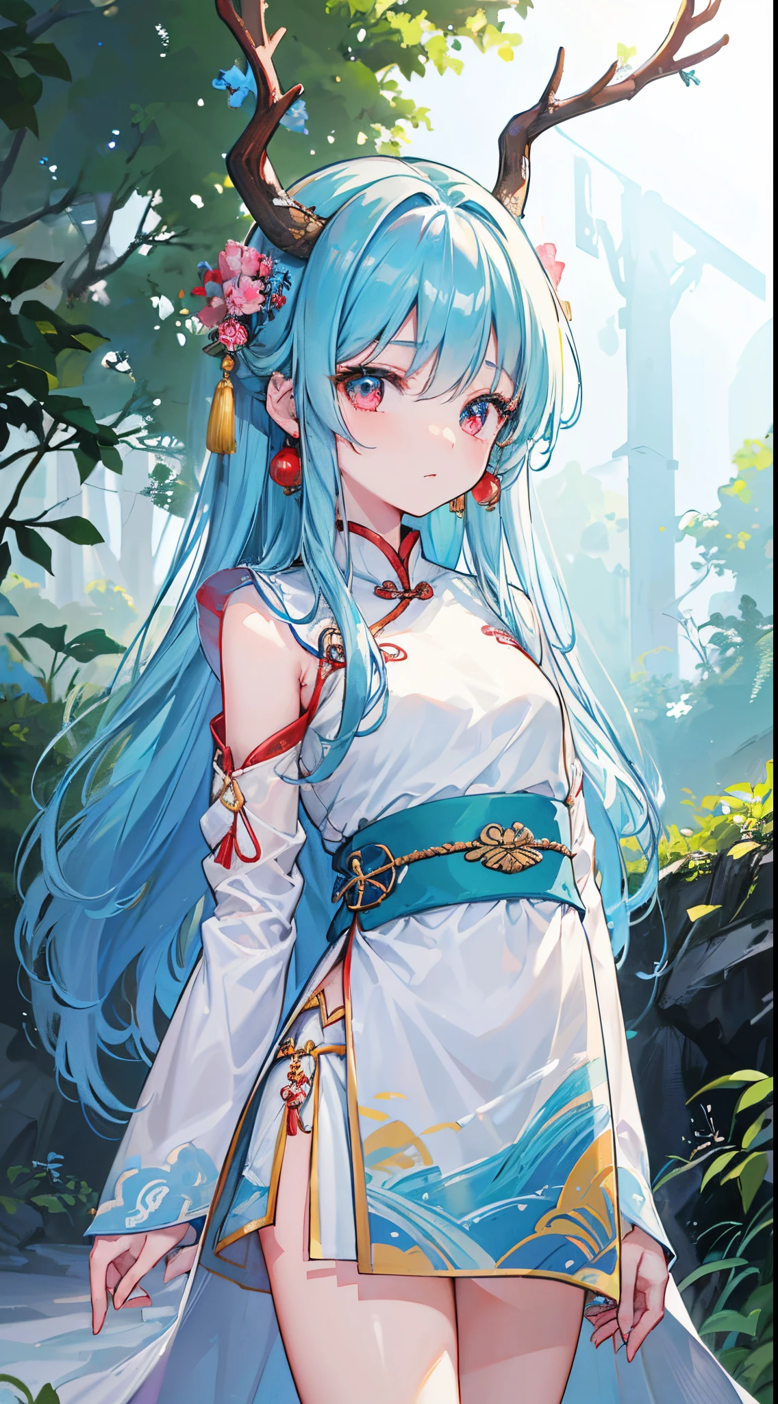 (8K、Top image quality、top-quality、​masterpiece)、A detailed face、1 girl in、lightblue hair、Long、red eyes、Pointed ears、piercings、tusk、deer antlers、Smaller chest、((light blue chinese clothes))、side slits、((long-sleeve))、arms behind back、cowboy  shot、((forested background))