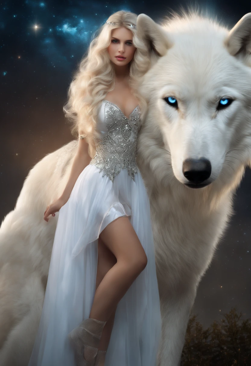 ((White wolf and girl)), (huge wolf), (huge white wolf guards a beautiful girl), blue eyes, white wolf's fur glows with silver sparks, ( girl), lips parted, blue eyes, blonde girl, very long curly hair hair, dress transparent, transparent air dress, dress with silver trim, silver collar, silver belt, silver sandals, Orion Nebula background, starry sky background, two moons, Orion Nebula, stand on the star path.(masterpiece: 1.5) (photorealistic: 1.1 ) (bokeh) (best quality) (Detailed skin texture, pores, hair: 1.1) (intricate) (8K) (HDR) (wallpaper) (cinematic lighting) (sharp focus)