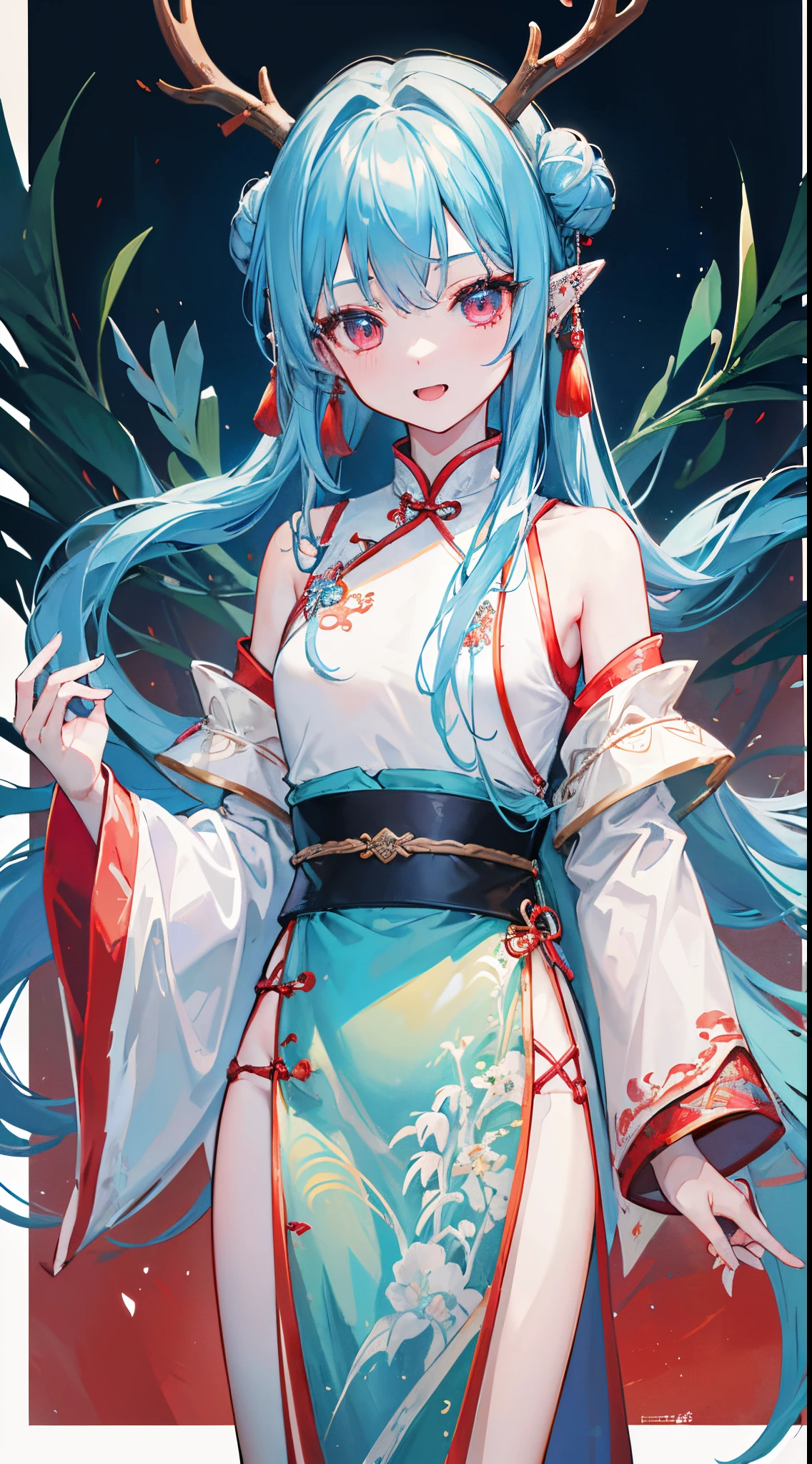 (8K、Top image quality、top-quality、​masterpiece)、A detailed face、1 girl in、lightblue hair、Long、red eyes、Pointed ears、piercings、Show your fangs and laugh、deer antlers、Smaller chest、((light blue chinese clothes))、side slits、((long-sleeve))、arms behind back、cowboy  shot、((forested background))