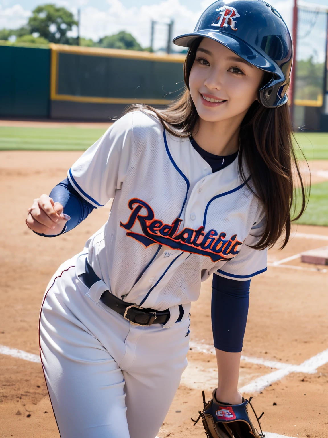 ((((top-quality))))、(((Ultra Precision CG16K Wallpapers)))、(((masterpiece)))、(((ultra-detailliert)))、(((Ultra-extreme details)))、1Man Woman、Neat and clean woman、a 25yo woman、((Japanese face))、((extremely beautiful face))、((tanaka minami:1.5))、((Straight semi-long hair:1.3))、(shinny hair)、Bangs up to the eyebrows、Beautiful brown hair、Beautiful delicate eyes、Brown eyes、raised eyebrows、lofty nose、small nostrils、small mouth、seductive lips、slightly open mouth、Beautiful breasts、C-cup size breasts、cleavage of the breast、Plump body、perfectly proportions、perfect anatomia、perfect-composition、beautiful detailed shading、Beautiful natural lighting、Beautiful detail glow、depth of fields、(((a high chroma)))、(((realisitic:1.9)))、((Vivid:1.4))、((Beautiful skin))、((Skin texture))、((Realistic skin feeling))、(((Head-to-thigh shot:1.5)))、((Frontal angle:1.5))、((a smile:1.4))、(Eyes looking at me)、Bright sunshine、(((Standing on the ground:1.5)))、(standing pose)、(((wearing baseball uniform:1.6)))、