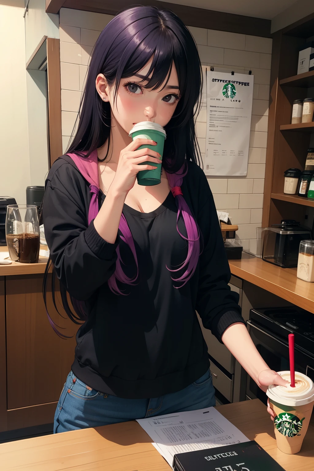 senjougahara hitagi long hair starbucks coffee