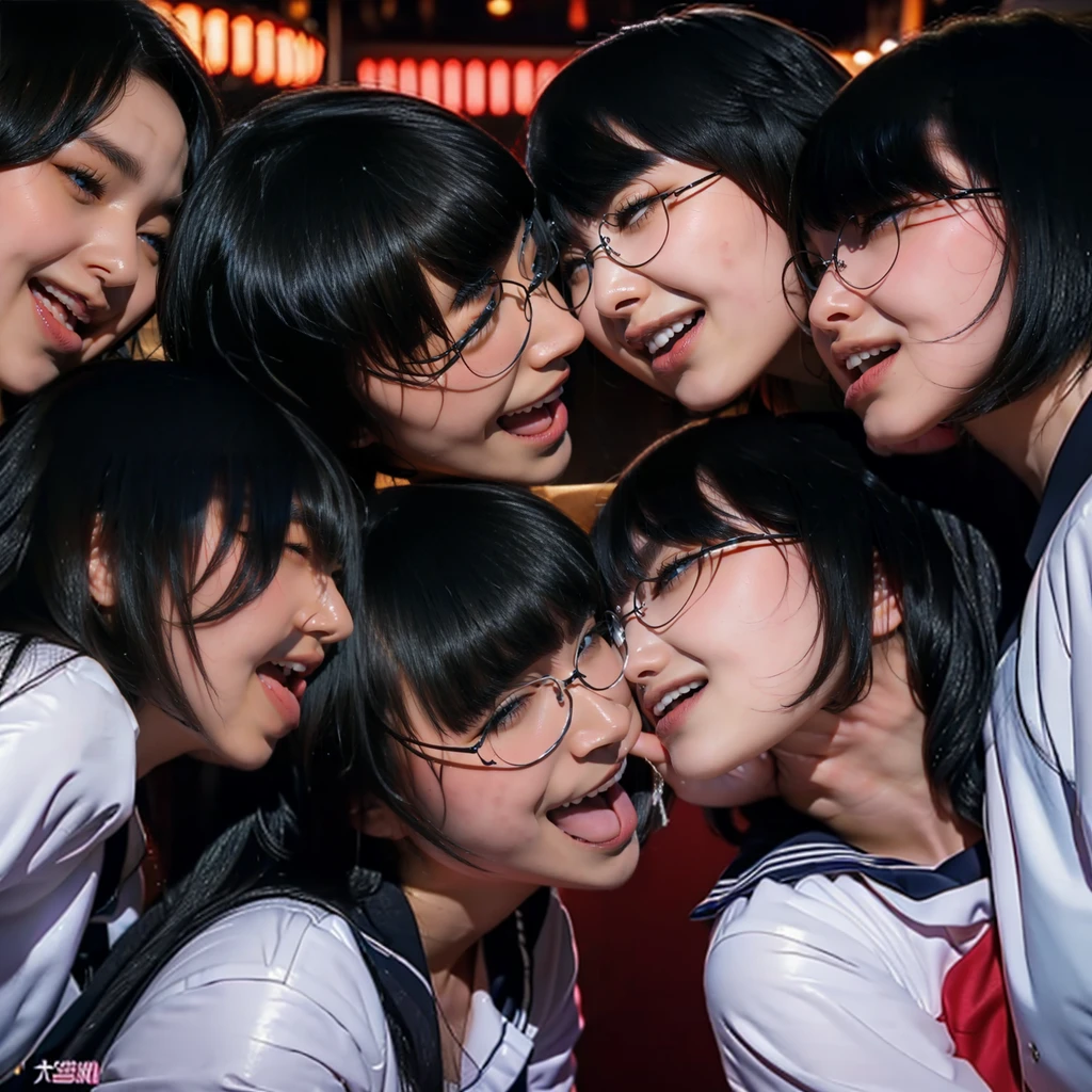 Raw photo、((3girls)),Open eyes、nightclubs、Three women kissing and loving each other、The same face、A dark-haired、(orgasm face:1.4)、same person、(lesbian orgy)