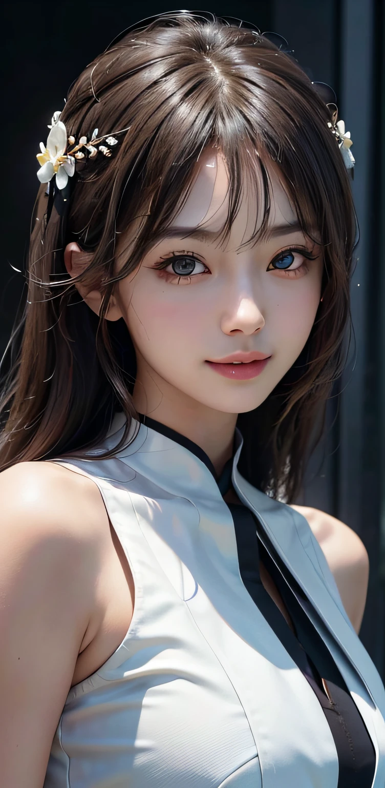 Masterpiece, 1 Beautiful Girl, detailed, Swollen eyes, Top  Quality, The ultra-Highres, (Reality: 1.4), OriginalPhoto, 1Girl, Cinematic lighting, Smiling, Japanese, Asian Beauty, Korean, clean, Super beautiful...., Little Young Face, beautiful skin, Slender, Cyberpunk Background, (ultra realisic), (high resolucion), (8K), (Very detailed), (Best Illustration), (Beautifully detailed eyes), (A highly detailed), (Wall ), (Detailed face), viewer looking, delicate detail, Detailed face, pureerosfaceace_v1, Smiling, 46 point slanted bangs, Looking straight ahead, neat clothes, dark colored eyes, suit sleeveless, Body Facing Front,