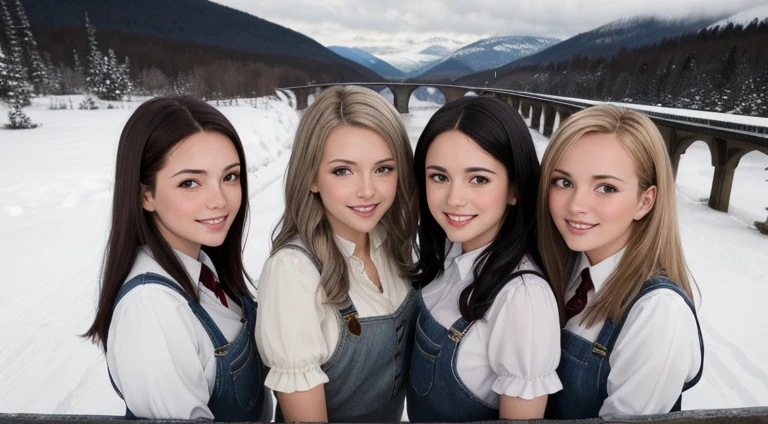 ((best quality)), ((Meisterwerk)), (Detailliert), Perfektes Gesicht, a group of 3 young VAMPIRE GIRLS, 15 bis 20 Jahre alt, portrait, MIT SEHR LANGEN GLATTEN BLONDEN HAAREN, portrait, stehen im Schnee umeinander, on a bridge over a valley, offene Bluse