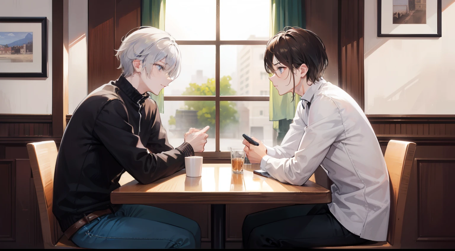 Two men talking in a cafe. One is a man with short brown hair, and the other is a man with short silver hair.