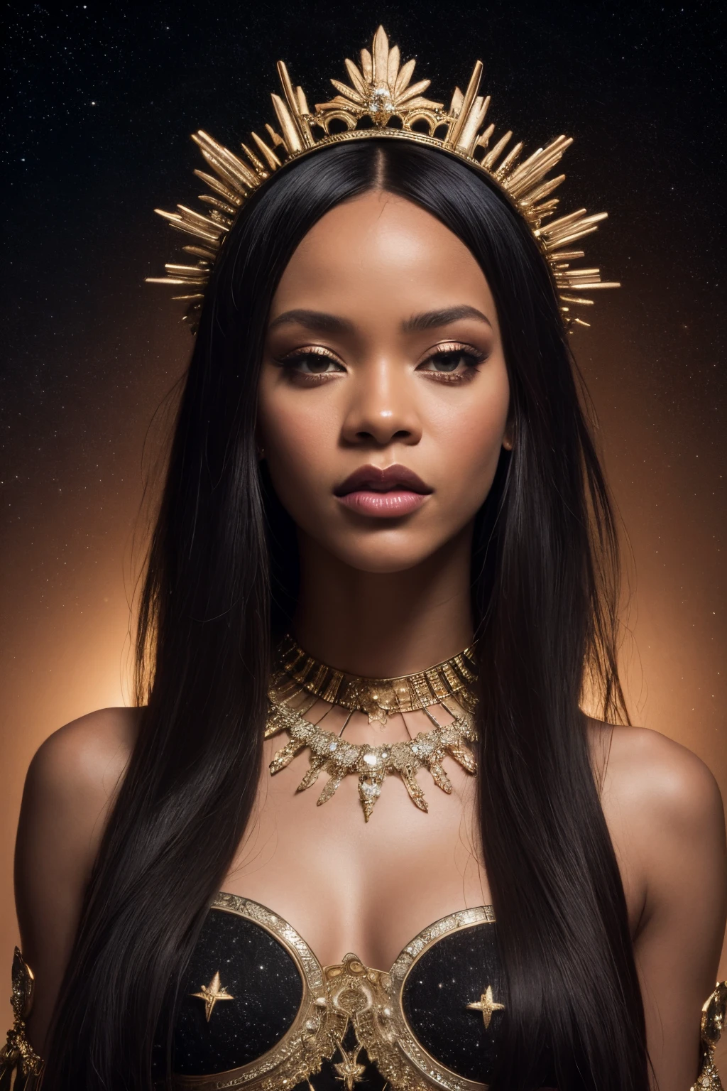 "Generate an AI image of Rihanna transformed into an ancient goddess of stars, gracefully wandering through the vast expanse of space. Envision her adorned in an exquisite ancient outfit that reflects celestial elements, with flowing drapes and intricate details. Incorporate ancient accessories that evoke the cosmic realm, such as a celestial crown or star-studded jewelry. Capture the essence of both timeless beauty and divine power as she navigates the cosmos with an otherworldly grace and majesty."