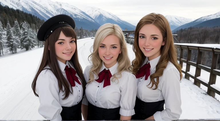 ((best quality)), ((Meisterwerk)), (Detailliert), Perfektes Gesicht, a group of 3 young VAMPIRE GIRLS, 15 bis 20 Jahre alt, portrait, MIT SEHR LANGEN GLATTEN BLONDEN HAAREN, portrait, stehen im Schnee umeinander, on a bridge over a valley, Smileing, keine Kleidung
