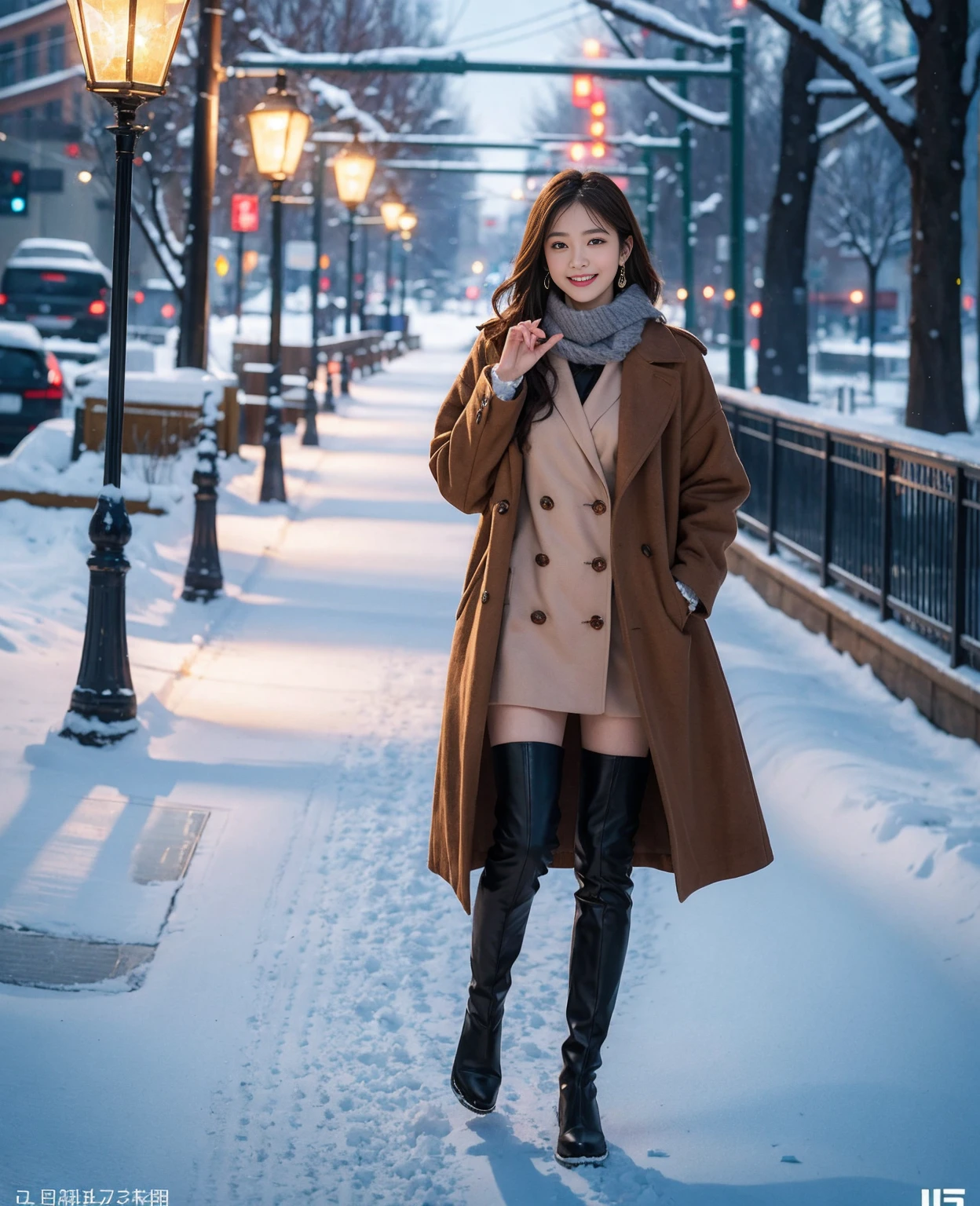 snow、、Night city illumination shot、Cowgirl Shot、Fur coat、豪華なグレーのミンクのFur coat、Wear fine leather boots、Luxury Bags、Inner turtleneck、Silver necklace and small silver earrings Millionaire style:1.4))、Full body photo、smile、 Caustics、Highly detailed photos、Very beautiful woman 、Ample breasts、No makeup、(8K、RAW Photos、Highest quality、masterpiece:1.2)、(Realistic、Realistic)、1 Girl、((Medium Short Hair、Midwinter、寒冷地 snowが降る、The wind is blowing、Fluttering Hair、Blur the background、Colorful illuminations、Looking into the camera:1.4))、