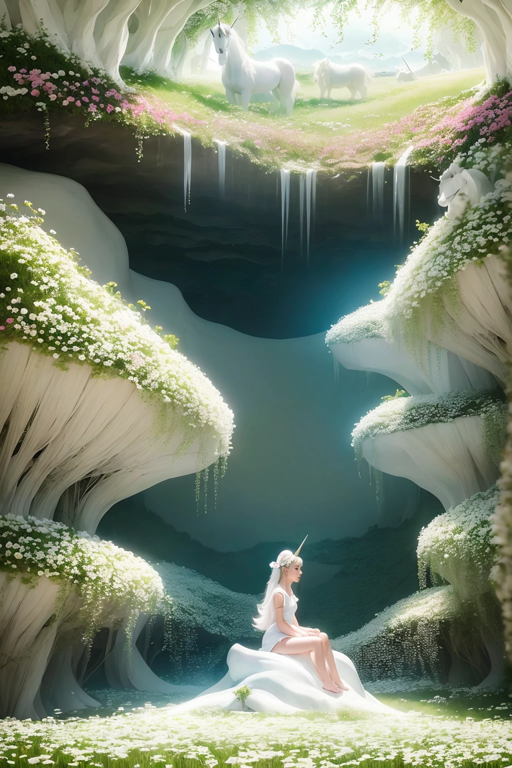 field of white flowers, rocky cave, black ceiling, flowing petals, ((girl sitting in the far away in the field of flowers before a white unicorn.))