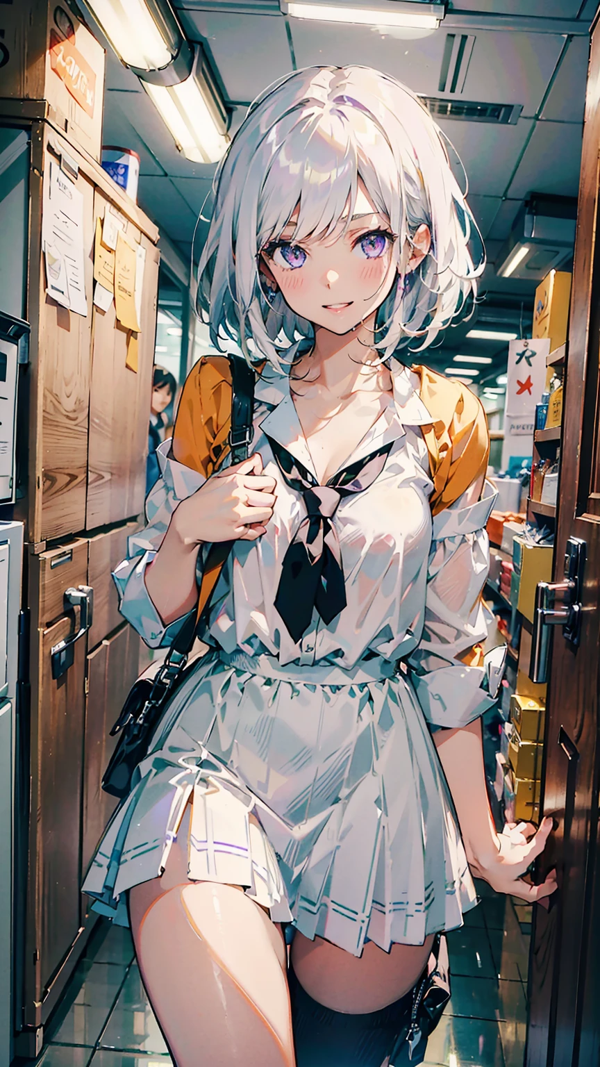 ((((masterpiece, best quality, high resolution)))), (1girl:1.5), ((short silky hair, white hair, purple eyes)), (medium breasts:1.2), blush, (smile, parted lips), glow, thighs, bare shoulders, collarbone, narrow waist, (slender body figure), (beautiful detailed face, beautiful detailed eyes), ((white office shirt, black skirt)), looking at viewer, (cowboy shot), office