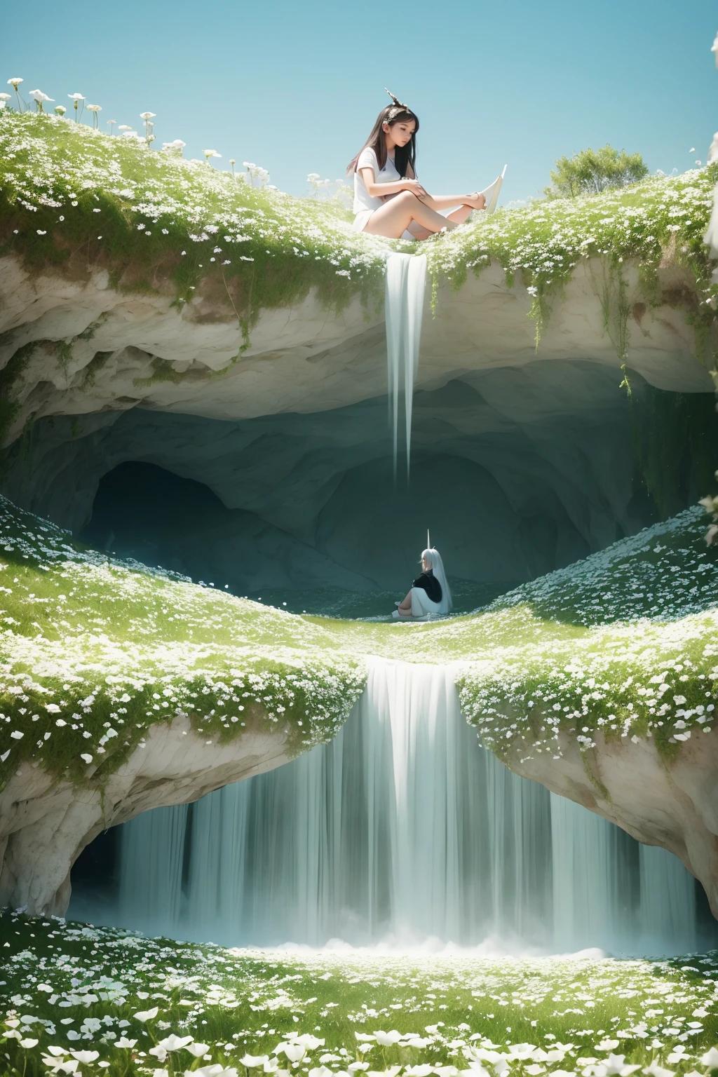 field of white flowers, rocky cave, black ceiling, flowing petals, (girl sitting in the far away in the field of flowers before a white unicorn.)