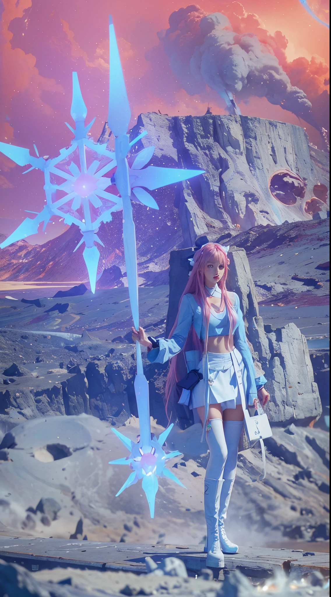 young woman, ((20 years old,)), beautiful face angled down, tan skin, long pink hair with red ribbon tie, light blue tank top, light blue and white skirt, light blue and white long coat, white tall boots, white see-through stockings, holding future staff, purple drone floating, volcanic background