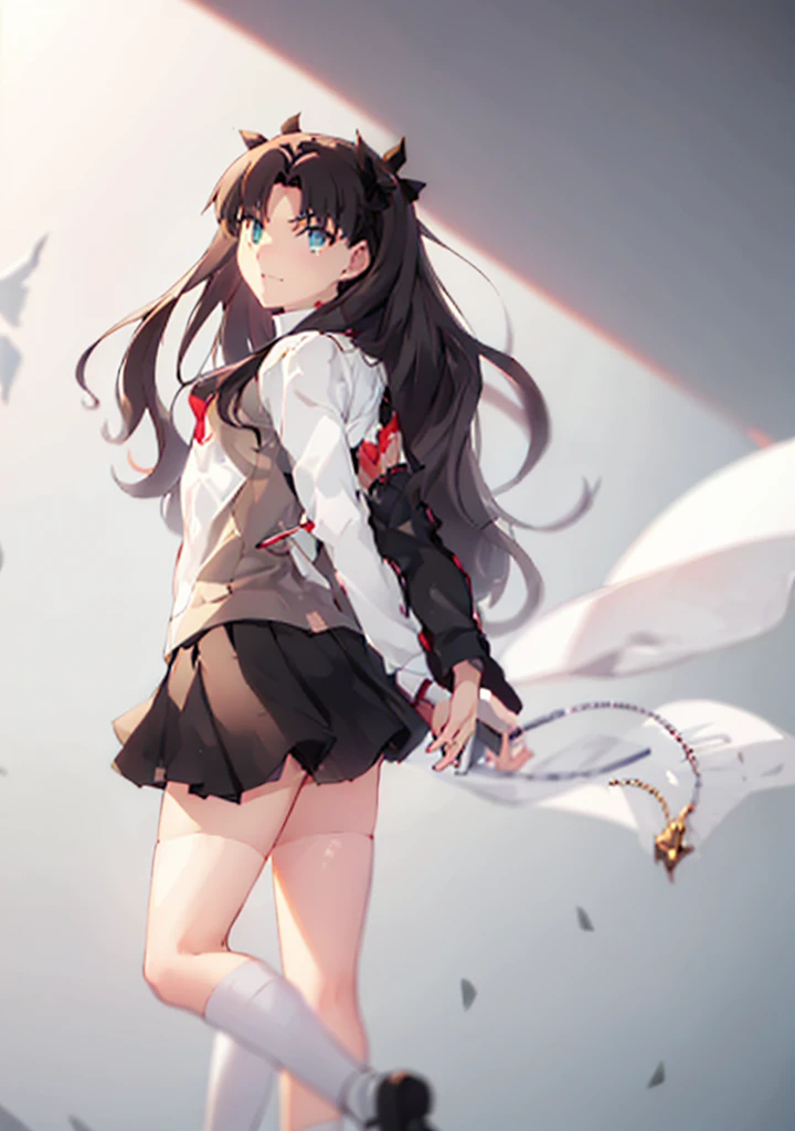 ​masterpiece, top-quality,1girl in, tohsaka-rin, 独奏, The long-haired, thighs thighs thighs thighs, Black skirt, blue eyess, twosideup, A dark-haired, Black stockings, Red Turtleneck Shirt