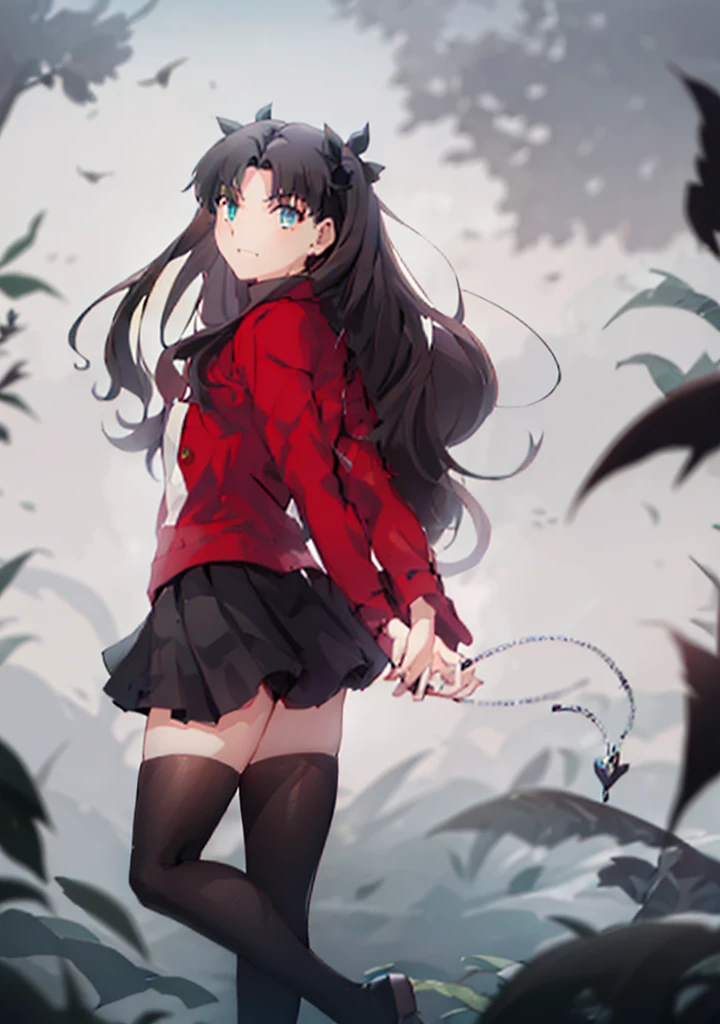 masterpiece, top-quality,1girl in, tohsaka-rin, 独奏, The long-haired, thighs thighs thighs thighs, Black skirt, blue eyess, twosideup, A dark-haired, Black stockings, Red Turtleneck Shirt