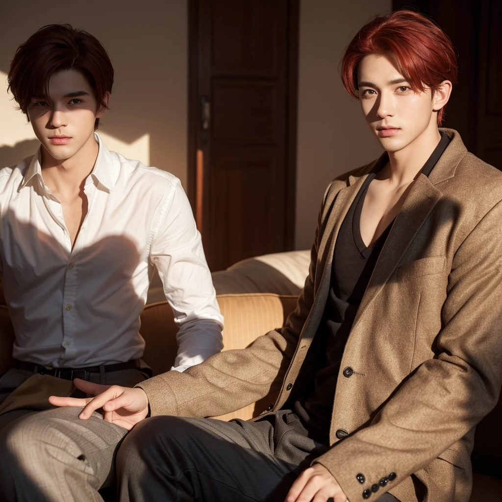 a handsome,Young men, Realistic and exactly the same short red hair , realistic outfit , Realistic light, realistic shadow, Realism, Hyper realistic,(Photorealistic:1.2), normal small eyes