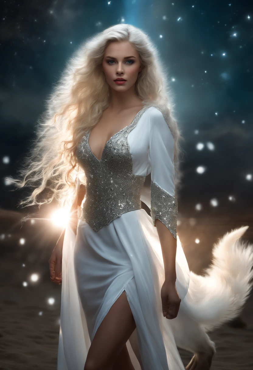 ((White wolf and girl)), (huge wolf), (huge white wolf guards a beautiful girl), movement, running forward, bending forward, blue eyes, the fur of the white wolf glows with silver sparks, (very young NSFW girl), (girl ) lips parted, blue eyes, blonde girl, very long curly hair, transparent dress, transparent air dress, silver trim, silver collar, silver belt, silver sandals, Orion Nebula background, starry sky background, two moons , Orion Nebula, stand on the star path.(masterpiece: 1.5) (photorealistic: 1.1) (bokeh) (best quality) (Detailed skin texture, pores, hair: 1.1) (intricate) (8K) (HDR) (wallpaper) ( cinematic lighting) (sharp focus)