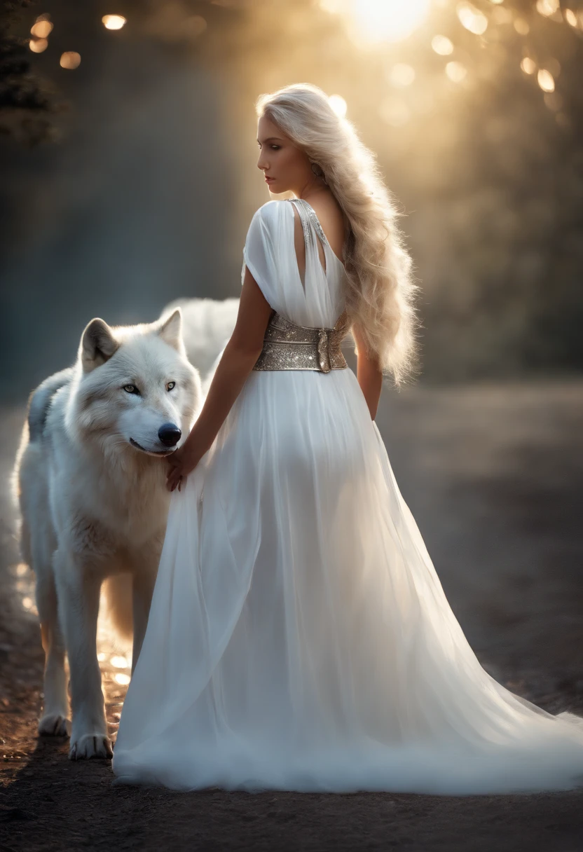 ((White wolf and girl)), (huge wolf), (huge white wolf guards a beautiful girl), movement, running forward, bending forward, blue eyes, the fur of the white wolf glows with silver sparks, (very young NSFW girl), (girl ) lips parted, blue eyes, blonde girl, very long curly hair, transparent dress, transparent air dress, silver trim, silver collar, silver belt, silver sandals, Orion Nebula background, starry sky background, two moons , Orion Nebula, stand on the star path.(masterpiece: 1.5) (photorealistic: 1.1) (bokeh) (best quality) (Detailed skin texture, pores, hair: 1.1) (intricate) (8K) (HDR) (wallpaper) ( cinematic lighting) (sharp focus)