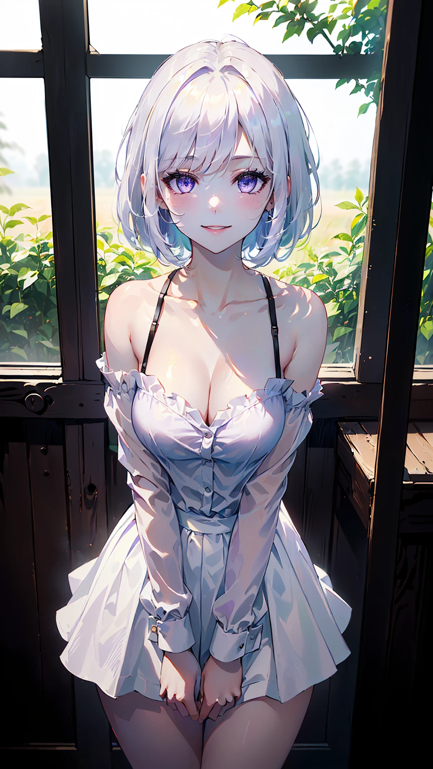 ((((masterpiece, best quality, high resolution)))), (1girl:1.5), ((short silky hair, white hair, purple eyes)), (medium breasts:1.2), blush, (smile, parted lips), glow, thighs, bare shoulders, collarbone, narrow waist, (slender body figure), (beautiful detailed face, beautiful detailed eyes), ((white shirt, black skirt)), looking at viewer, (cowboy shot), office