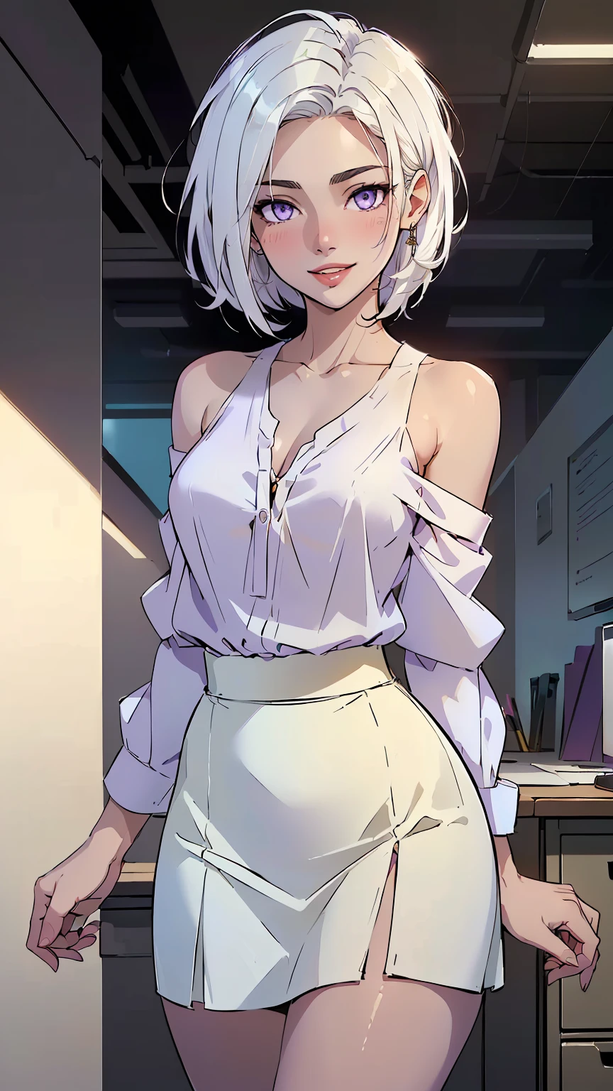 ((((masterpiece, best quality, high resolution)))), (1girl:1.5), ((short silky hair, white hair, purple eyes)), (medium breasts:1.2), blush, (smile, parted lips), glow, thighs, bare shoulders, collarbone, narrow waist, (slender body figure), (beautiful detailed face, beautiful detailed eyes), ((white office shirt, black skirt)), looking at viewer, (cowboy shot), office