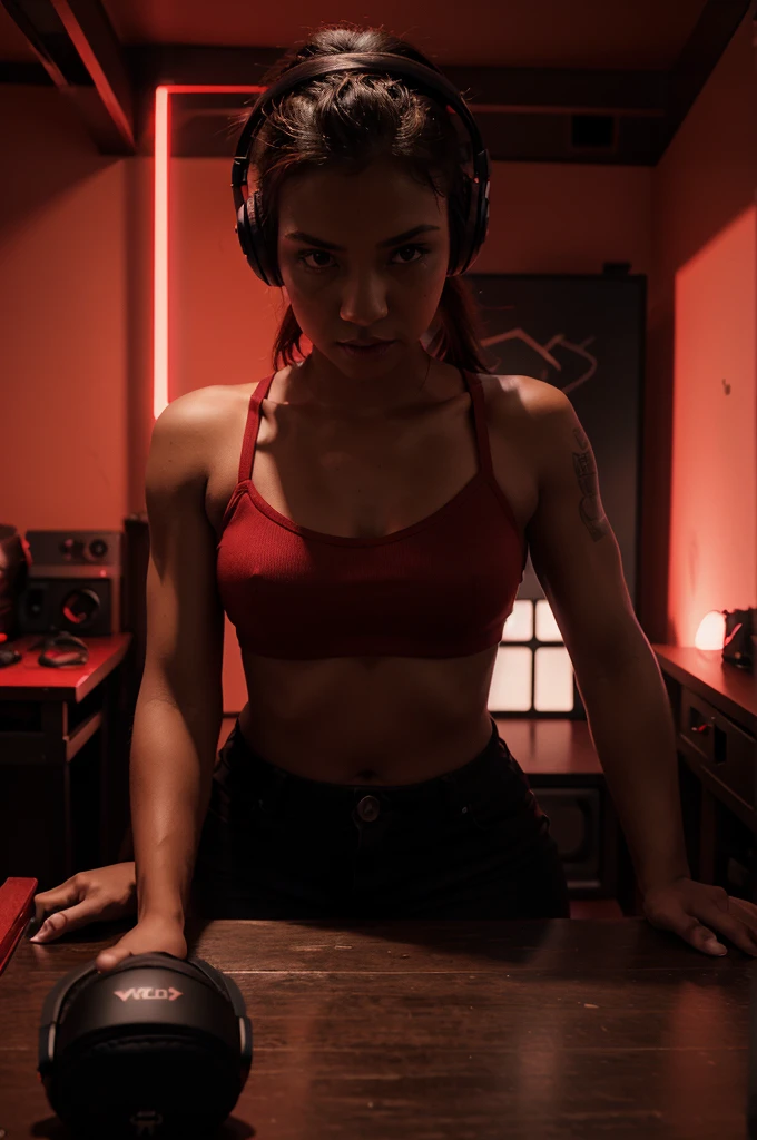 a beautiful detailed portrait of ronda rousey, wearing black lace lingerie, sitting in a cozy gaming setup, surrounded by gaming peripherals and figurines, soft lighting, cinematic composition, intricate details, photorealistic, dramatic colors