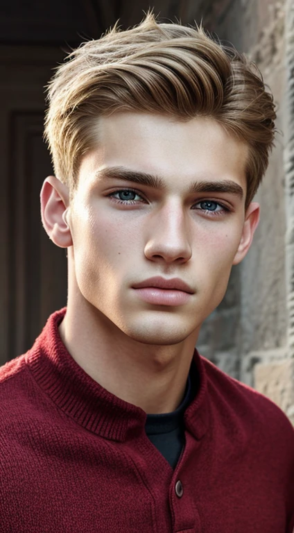photography, Young male perfection, 15 ans, strong jawline, no cleft chin, full lips, Roman nose, short blonde hair, hazel eyes, hyper realistic, 8k --v 4