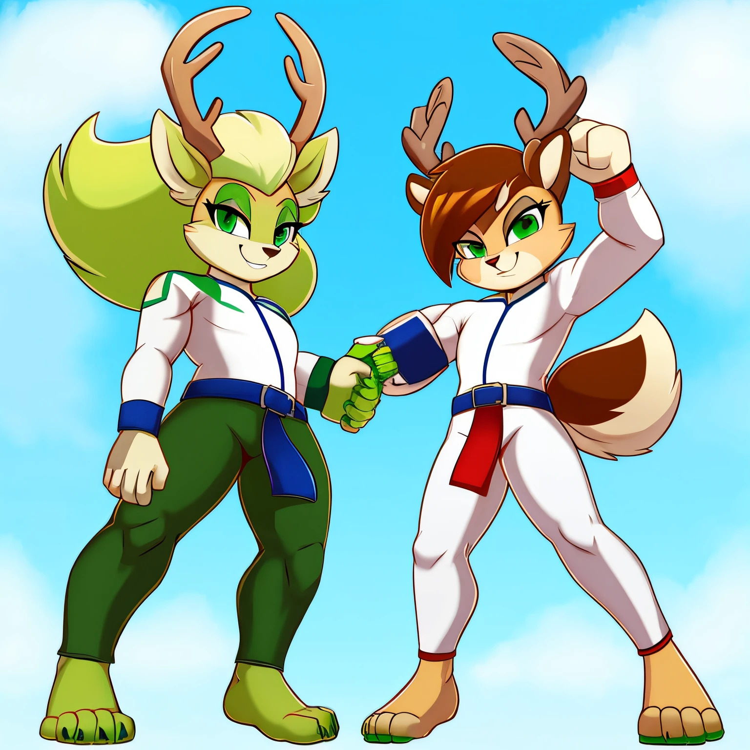 A taekwondo based doe that's bipdeal, with antlers, a black belt in said marital art with a massive mane and green eyes, green nails and green toenails.