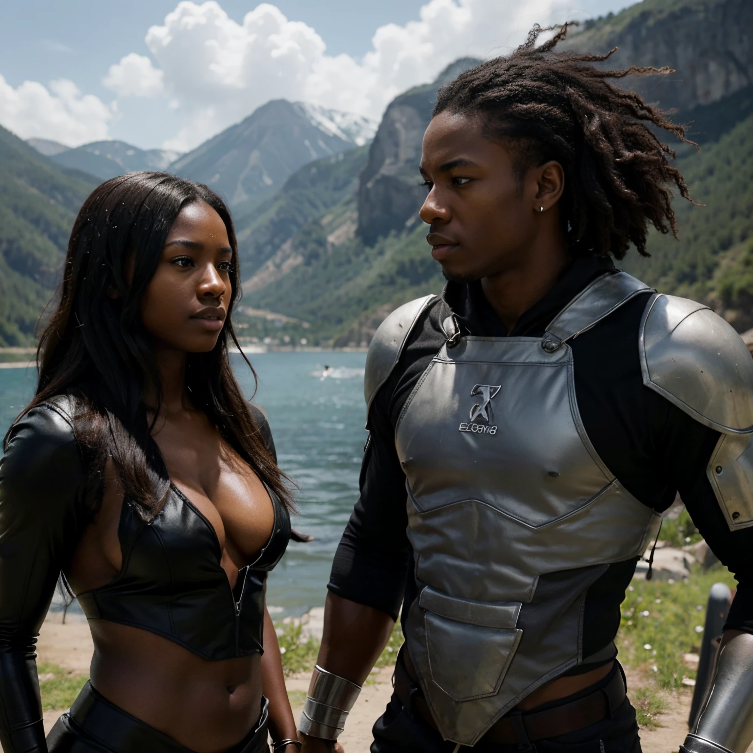 Ebony muscular young adult man, and woman set 500 years in a future where man live off land again