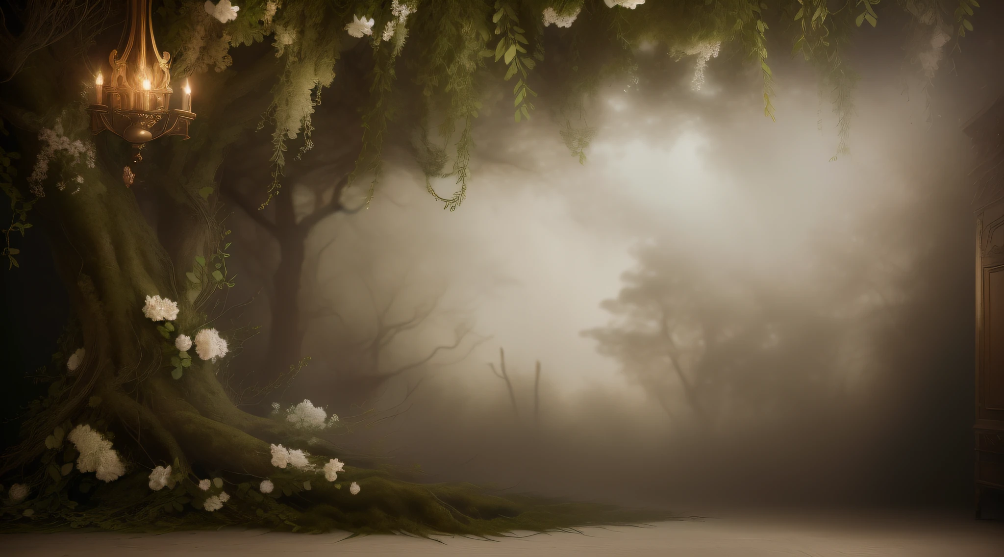 there is a large tree with flowers and a bunch of leaves, stunning arcanum backdrop, foggy forrest backdrop, dreamy atmosphere and drama, baroque style painting backdrop, portrait photo of a backdrop, fantasy atmospheric lighting, photo studio background, forest style studio shot, forest backdrop, still life photo of a backdrop, dramatic backgroung, ballroom background, delicate soft hazy lighting