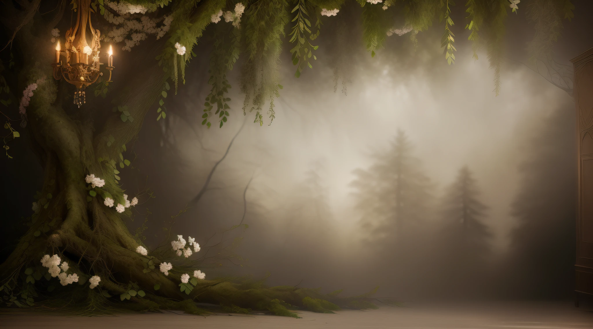 there is a large tree with flowers and a bunch of leaves, stunning arcanum backdrop, foggy forrest backdrop, dreamy atmosphere and drama, baroque style painting backdrop, portrait photo of a backdrop, fantasy atmospheric lighting, photo studio background, forest style studio shot, forest backdrop, still life photo of a backdrop, dramatic backgroung, ballroom background, delicate soft hazy lighting