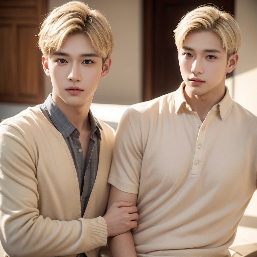 a handsome,Young men, Realistic and exactly the same short blonde hair , realistic outfit , Realistic light, realistic shadow, Realism, Hyper realistic,(Photorealistic:1.2), normal small eyes,1人