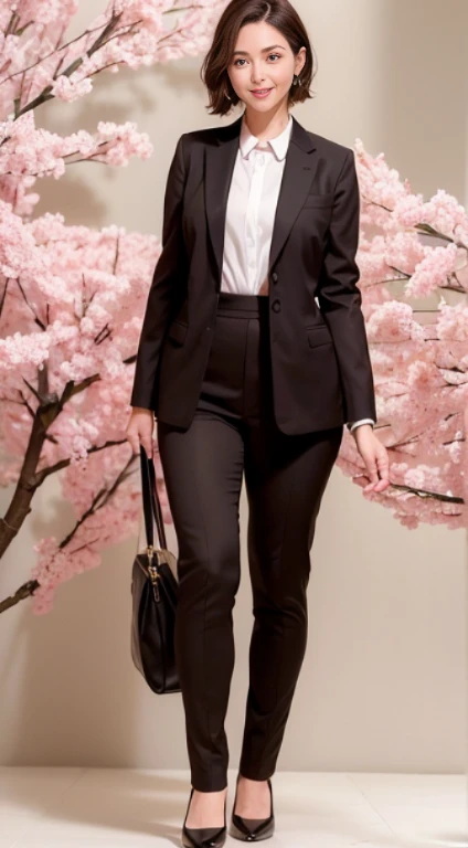 ((top-quality、8K、masterpiece:1.3)), full body Esbian, long legged, foco nítido:1.2, Beautiful woman with perfect body shape:1.4, Slender Abs:1.1, The background is office, ((dark brown hair、Long cut、:1.2)), (Business suits, Black pantyhose, Huge breasts, Slender and toned hips, the whole body is wet, Raking up your hair), Highly detailed facial and skin texture, A detailed eye, 二重まぶた, (((49-year-old woman))), ((Mature Woman)), Smiling expression