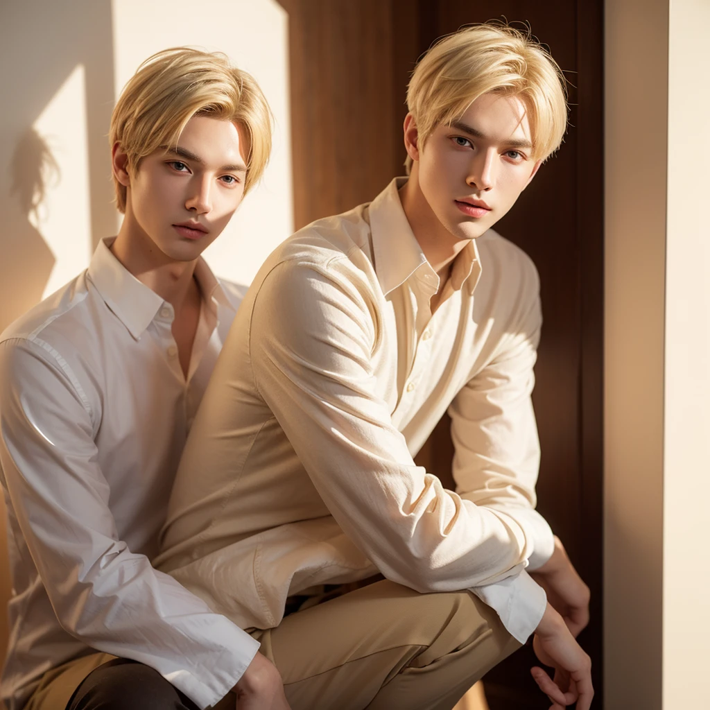 a handsome,Young men, Realistic and exactly the same short blonde hair , realistic outfit , Realistic light, realistic shadow, Realism, Hyper realistic,(Photorealistic:1.2), normal small eyes,1人