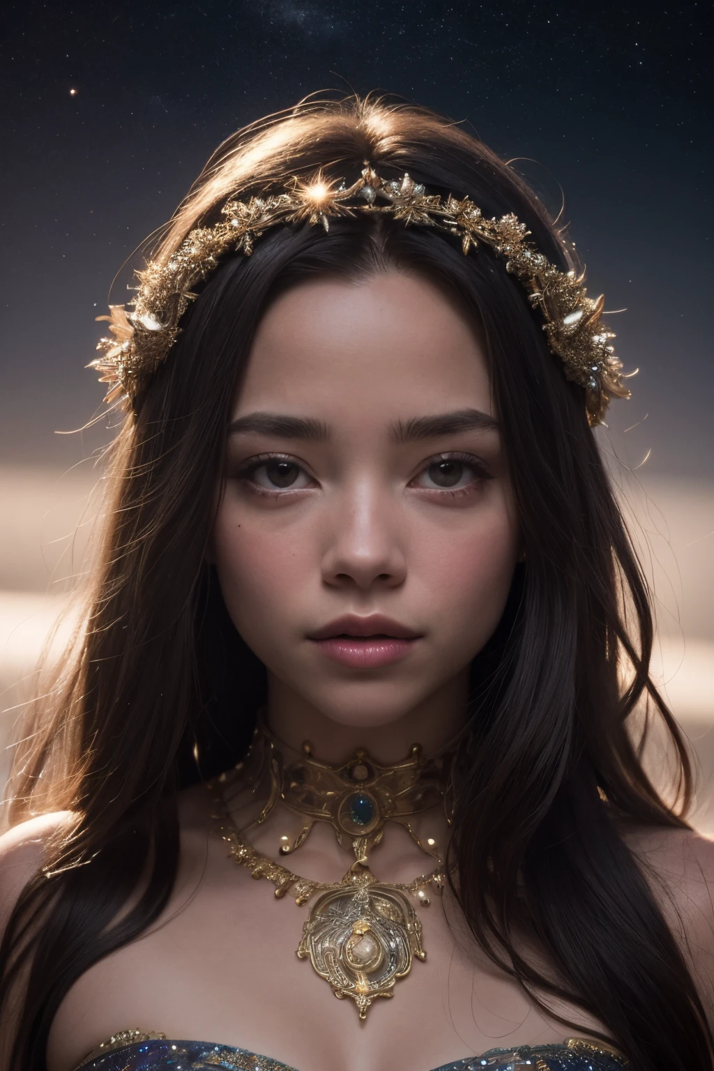 Generate an AI image of Sydney Sweeney transformed into an ethereal ancient goddess of stars, adorned in a celestial attire with intricate ancient accessories, wandering through the vast expanse of space. Capture the essence of her divine presence as she navigates the cosmic realms, radiating celestial beauty and embodying the timeless elegance of an otherworldly deity.