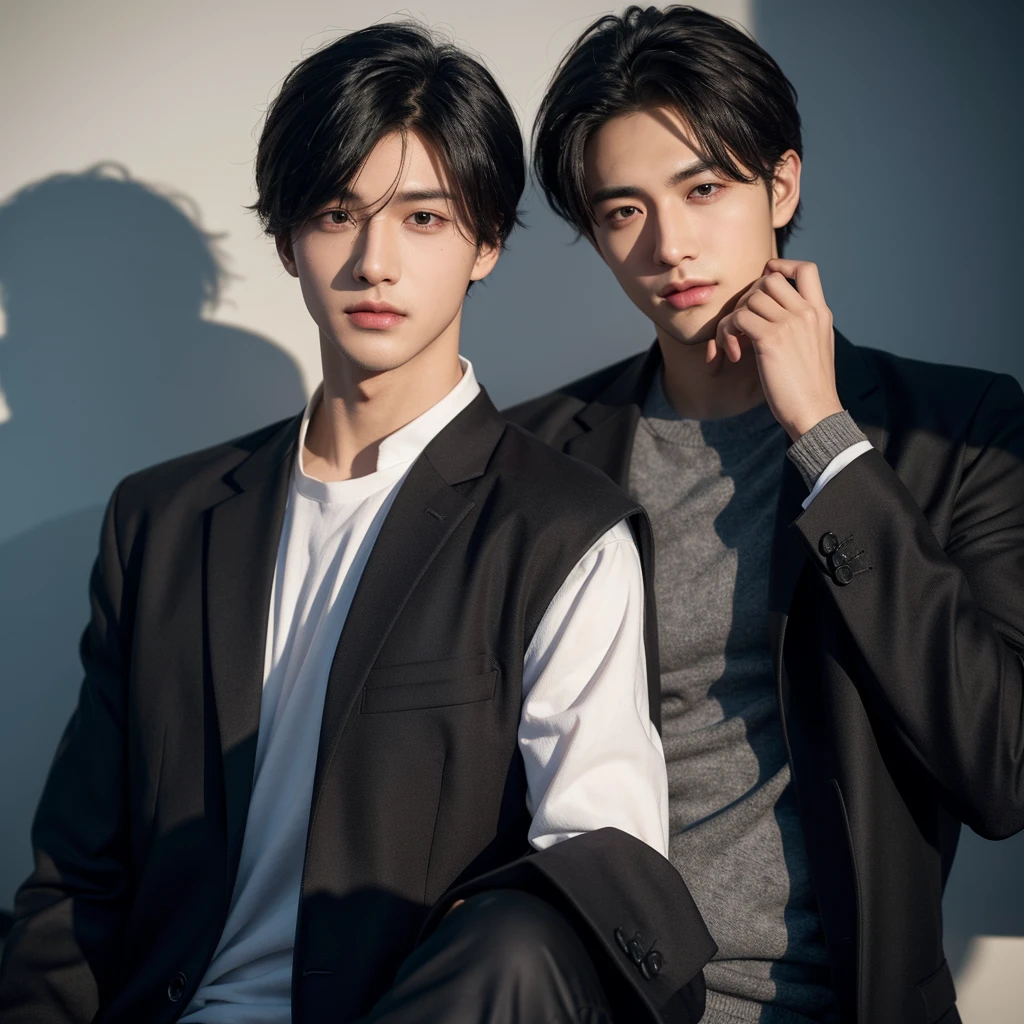 American handsome muscular young man in his 30's, dark blue hair,