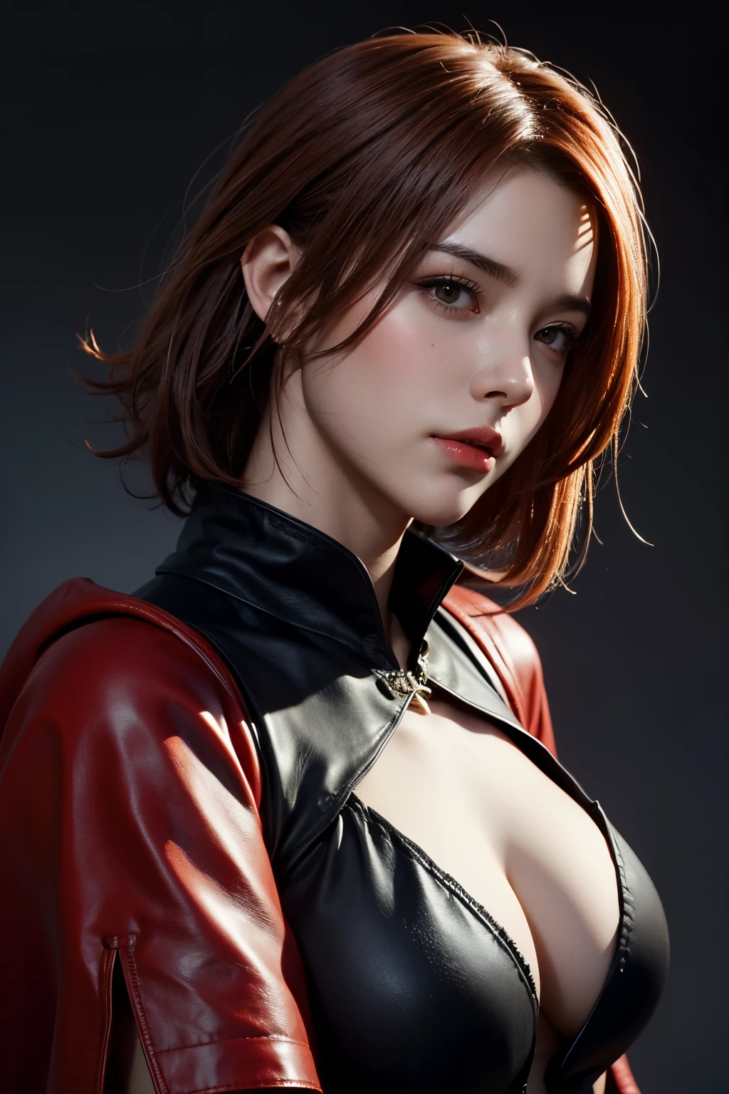 tmasterpiece,Best quality at best,A high resolution,8K,((Portrait)),(Head close-up),Original photo,real photograph,digital photography,(Female adventurers in the medieval fantasy style),(Fantasy-style bodysuit assassin),-yeld gi(Hair gradients of black and red),Long red hair,Red eyes,(Red and black gradient short hair,Black),(Big breasts),An extravagant ornament,cparted lips,Keep your mouth shuegant and charming,((Frown)),Serious and arrogant,Calm and handsome,(Black tights,Assassin costume,Clothes that cling to the body,Light leather in medieval style,Leather),((A slender figure)),Photo pose,medieval characteredieval fantasy style,City background at night,oc render reflection texture