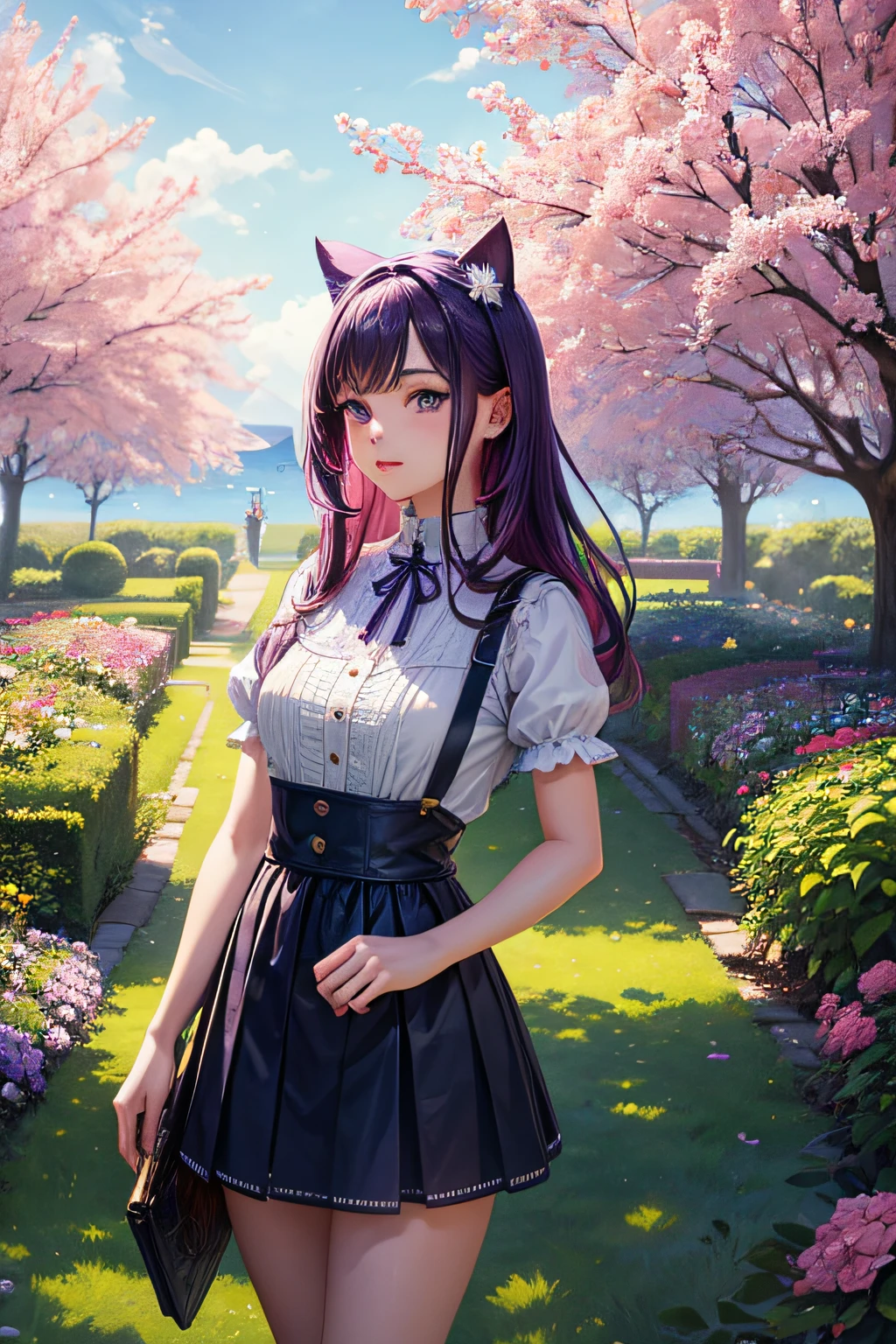 a girl standing alone in a garden, wearing a short skirt and having beautiful detailed eyes, lips, and purple hair with cat ears. The girl has a relaxed expression and is looking towards the blue sky. The garden has a very detailed and highly detailed background, depicting lush green trees, colorful flowers, and a tranquil ocean in the distance. The sunlight gently illuminates the scene, creating a warm and vibrant atmosphere. The colors are vivid, with a touch of purple hues, giving the image a dreamy and ethereal quality. The overall image quality is of the best quality, with ultra-detailed and realistic features. The artwork is created with the medium of digital illustration, capturing every intricate detail in sharp focus.