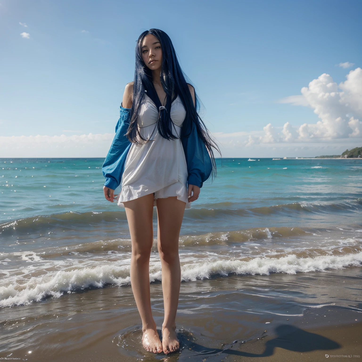 Anime girl with blue long hair at the beach standing with her toes in water in s