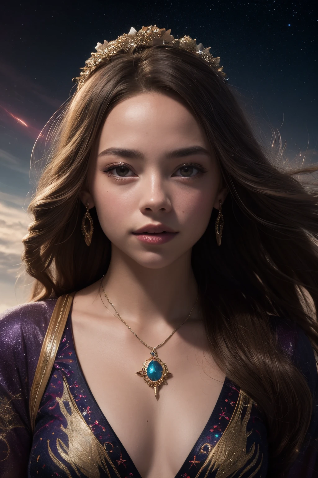Generate an AI image of Sydney Sweeney transformed into an ethereal ancient goddess of stars, adorned in a celestial attire with intricate ancient accessories, wandering through the vast expanse of space. Capture the essence of her divine presence as she navigates the cosmic realms, radiating celestial beauty and embodying the timeless elegance of an otherworldly deity.