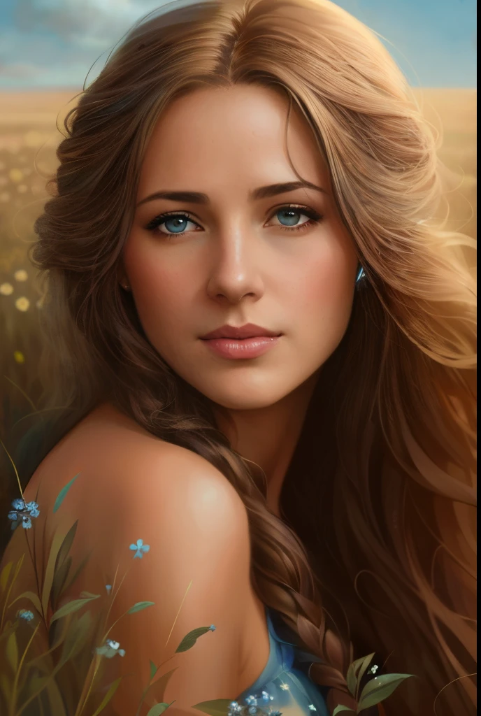 Arafed woman with long hair and blue dress in a field, gorgeous digital painting, beautiful digital painting, beautiful digital artwork, Stunning digital painting, beautiful fantasy art portrait, DeviantArt ArtStation CGSCOSIETY, stunning digital illustration, realistic 4k digital art, realistic 4k digital art, gorgeous digital art, beautiful character painting, beautiful digital illustration, realistic art style