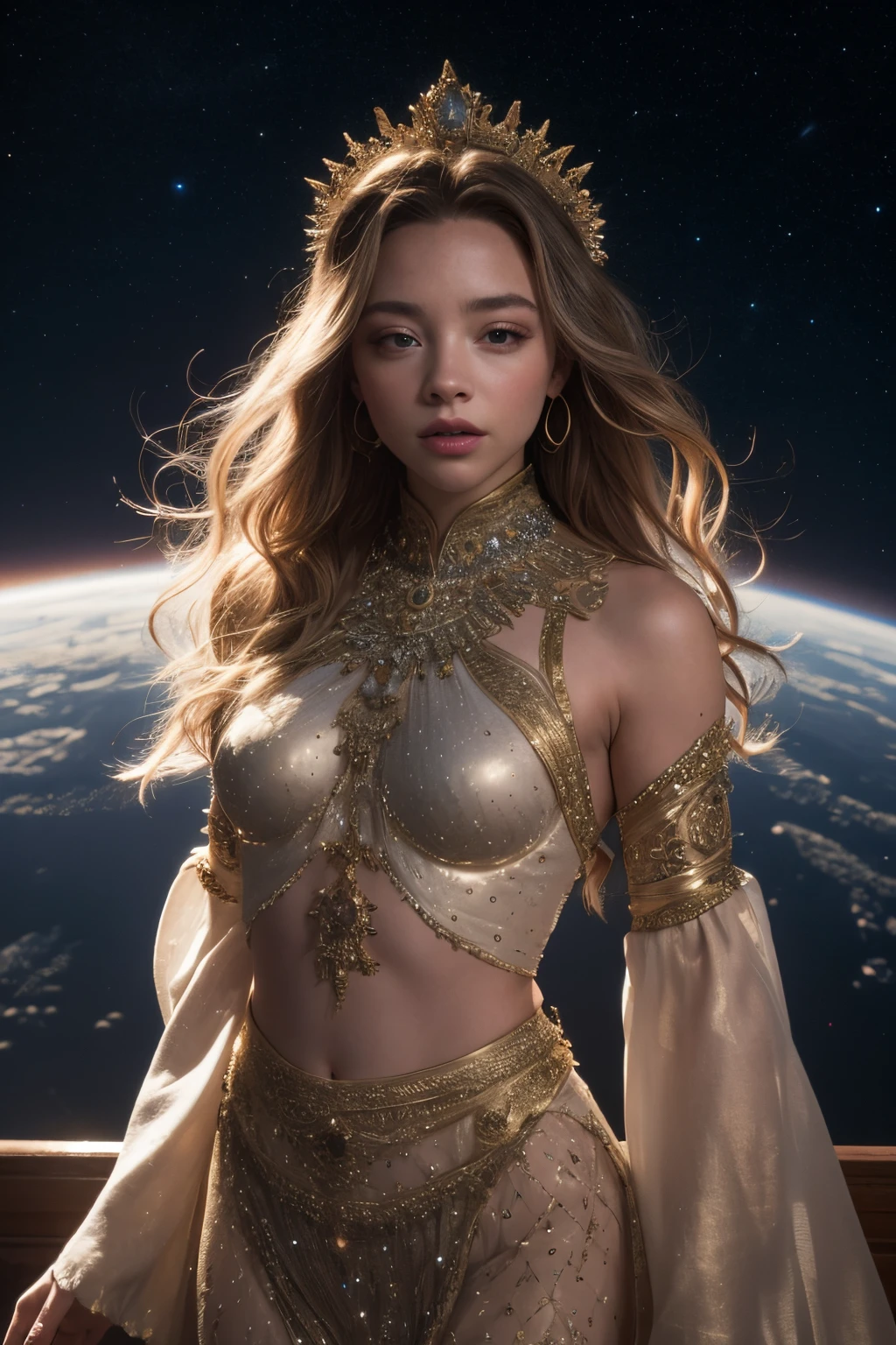 "Generate an enchanting AI image of Sydney Sweeney transformed into an ancient goddess of stars, gracefully wandering through the cosmos. Clothed in an elaborate ancient outfit adorned with celestial patterns, and accessorized with divine ornaments reminiscent of a bygone era. Capture the essence of her celestial majesty and the timeless beauty as she navigates the vastness of space, surrounded by the brilliance of stars and cosmic wonders."