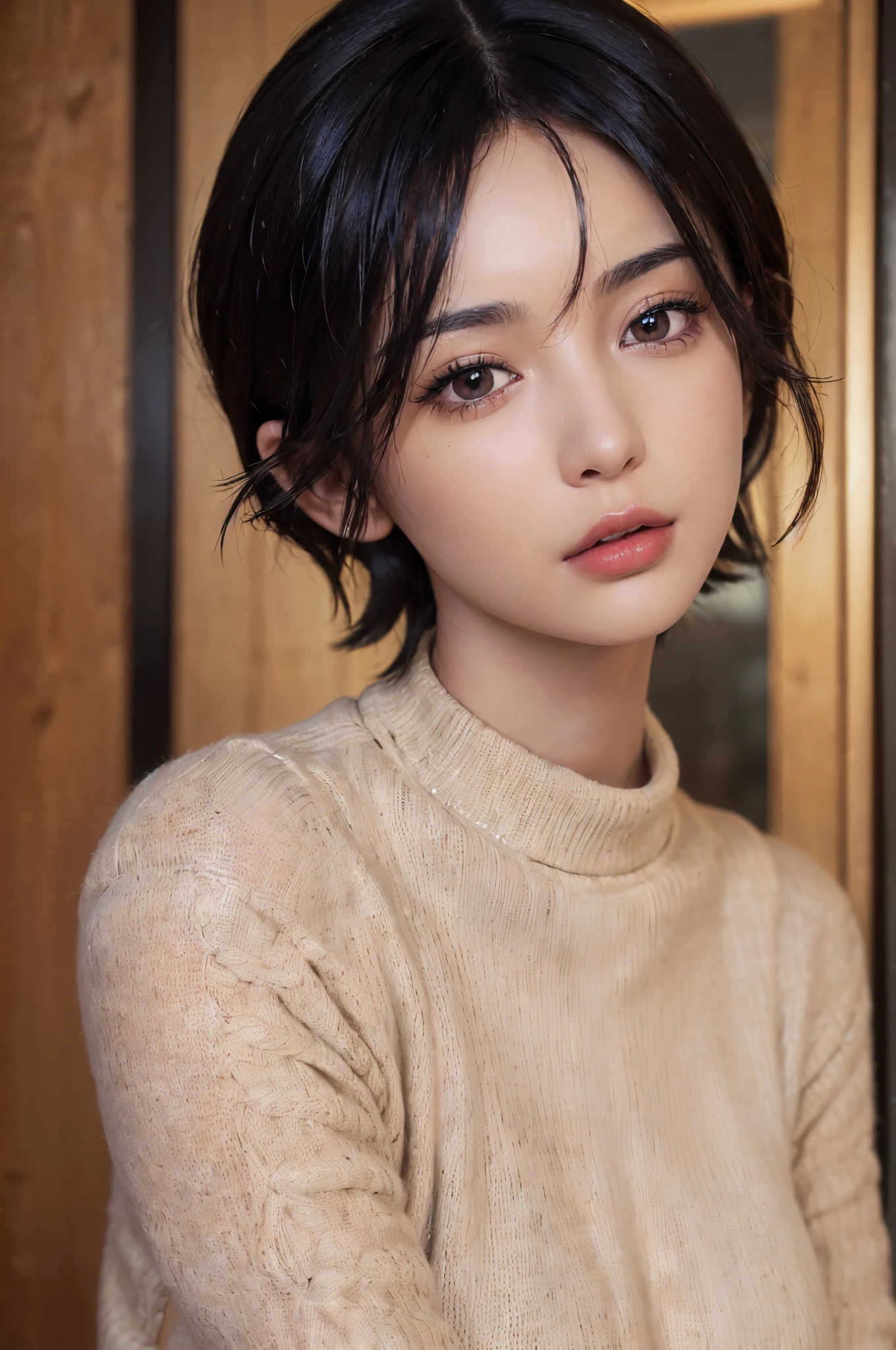 (masterpiece:1.3), (8k, photorealistic, RAW photo, best quality: 1.4), (1girl), beautiful face, (realistic face), (black hair, short hair:1.3), beautiful hairstyle, realistic eyes, beautiful detailed eyes, (realistic skin), beautiful skin, (sweater), absurdres, attractive, ultra high res, ultra realistic, highly detailed, golden ratio