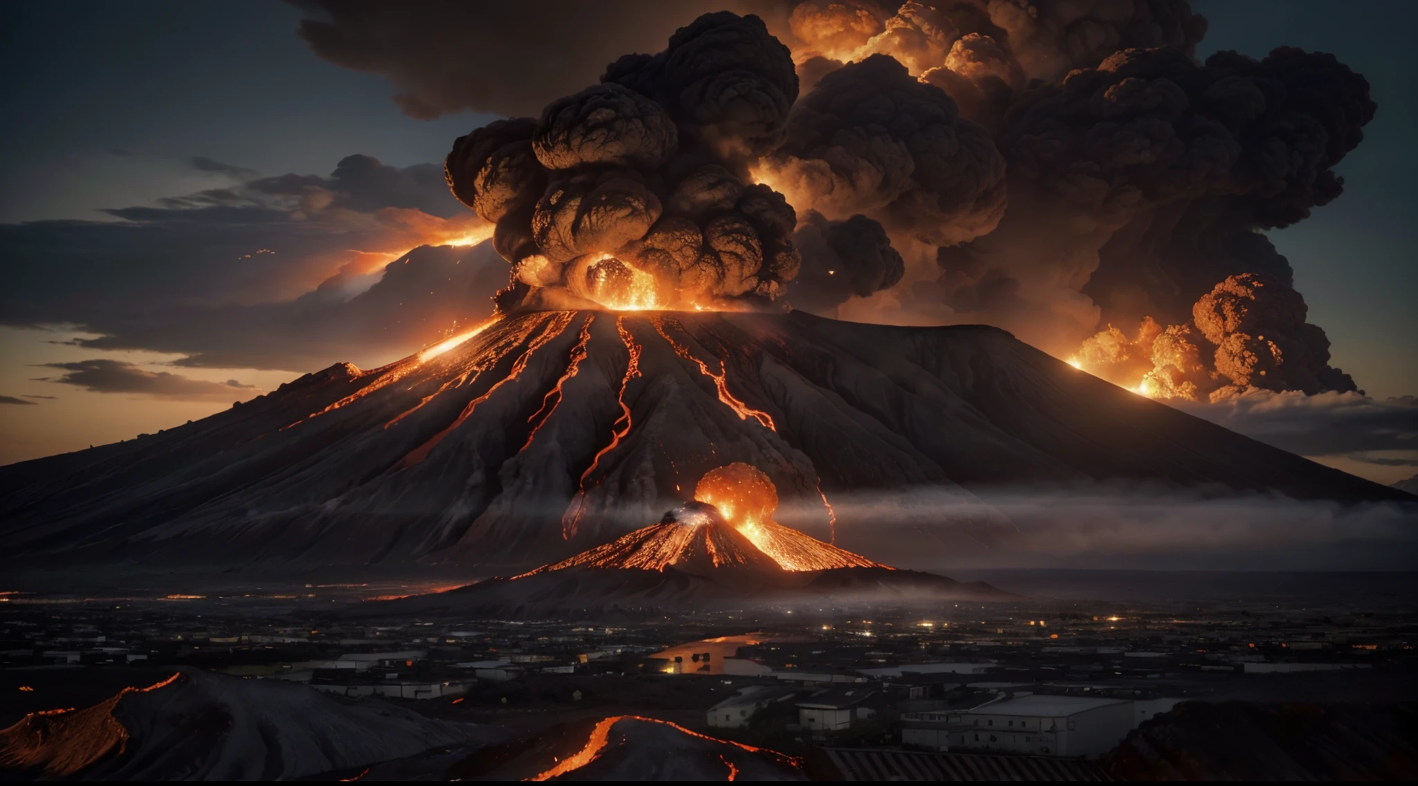 (Best quality,4K,8K,A high resolution,Masterpiece:1.2), Ultra detailed, (Realistic,Photorealistic,photo-realistic:1.37), Giant volcanoes,a volcano erupts,Erupting red volcanic lava:1.37,dense smoke,Cloud,Red volcanic rock