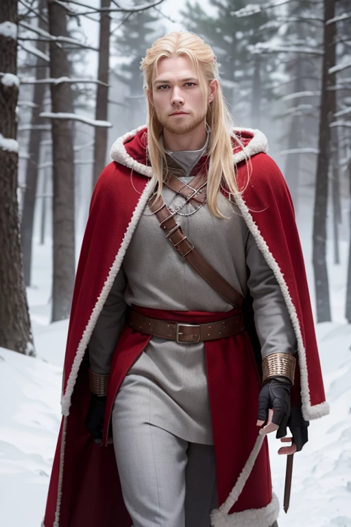 Make a blond male viking in a red and grey cloak walking in a snowy light forest